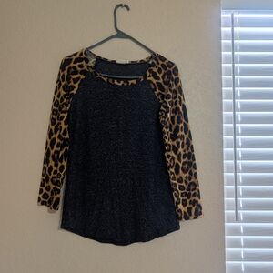 ADORA Black Top with Leopard Print Sleeves